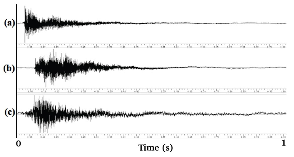Figure 11: Waveform Representation of Rippler’s recordings for a single strike: (a) H model, single-actuation (b) H-model, double actuation (c) V-model