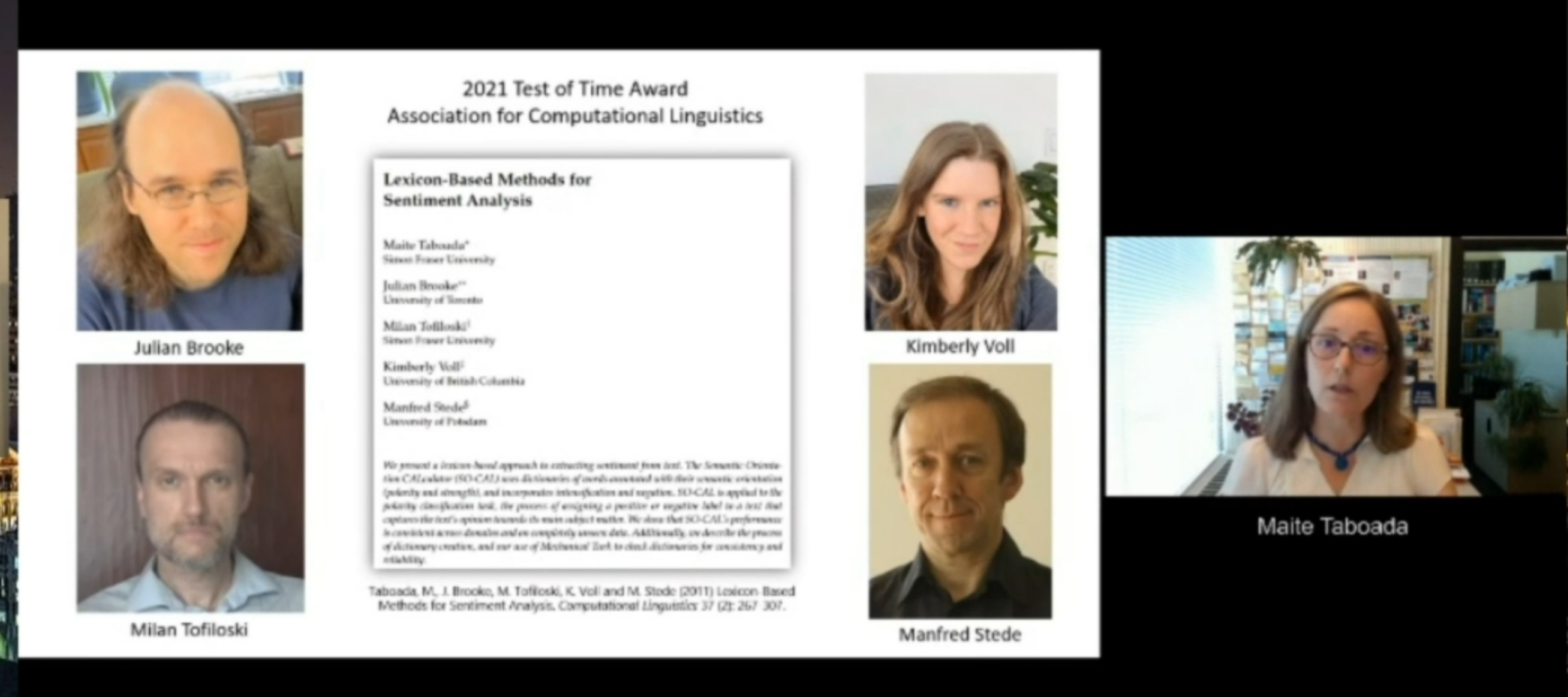 ACL Taboada and colleagues receive ACL 2021 Test of Time Award