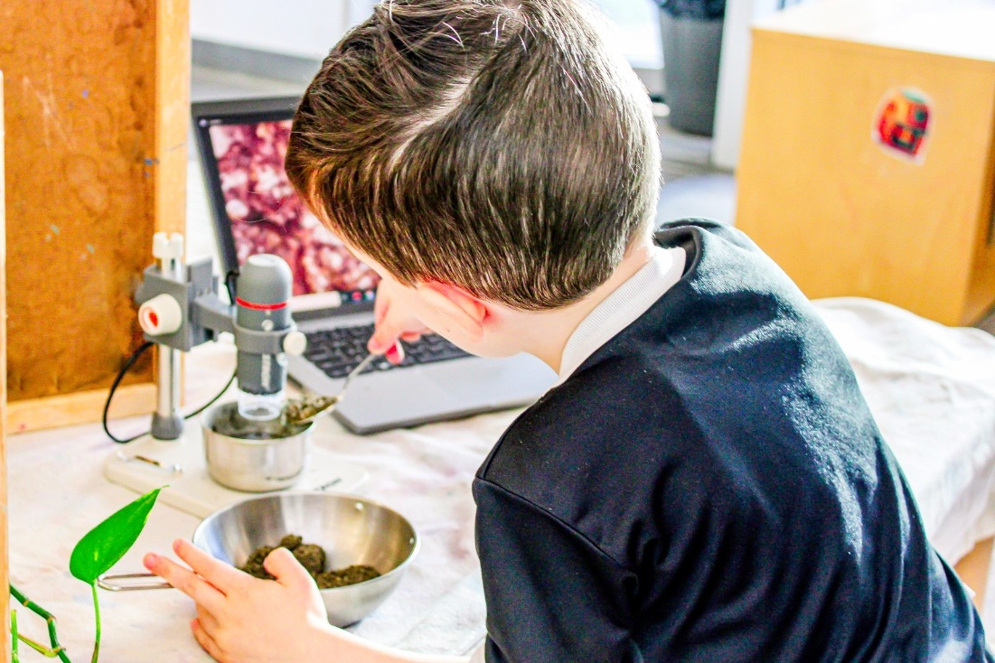 school aged program. Child in the class is working on a science experiment with micrscope