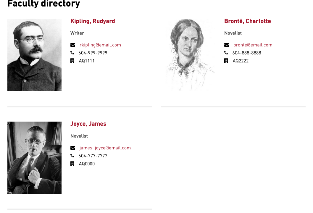 An example of a people directory page