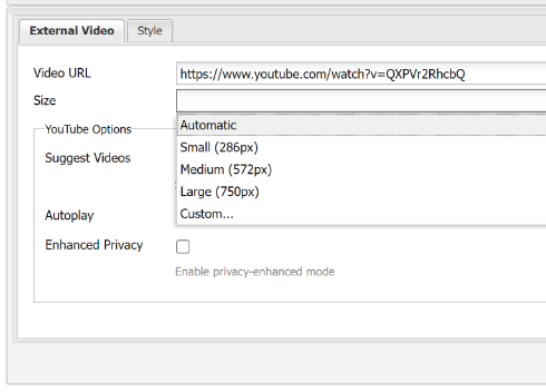 This is an image of the video size selection menu