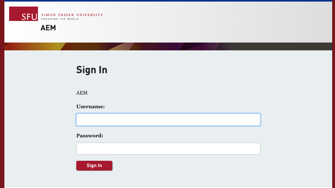 The sign in page to access AEM with an SFU login