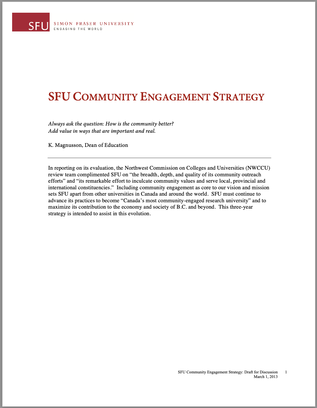 SFU's 2013 Community Engagement Strategy report thumbnail