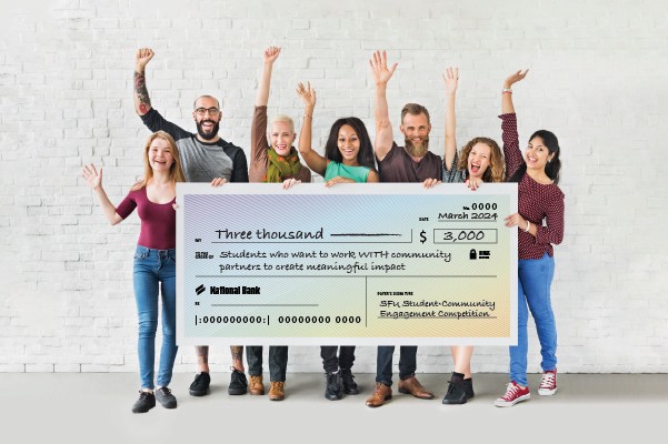 People holding a big SCEC cheque with hands up in the air