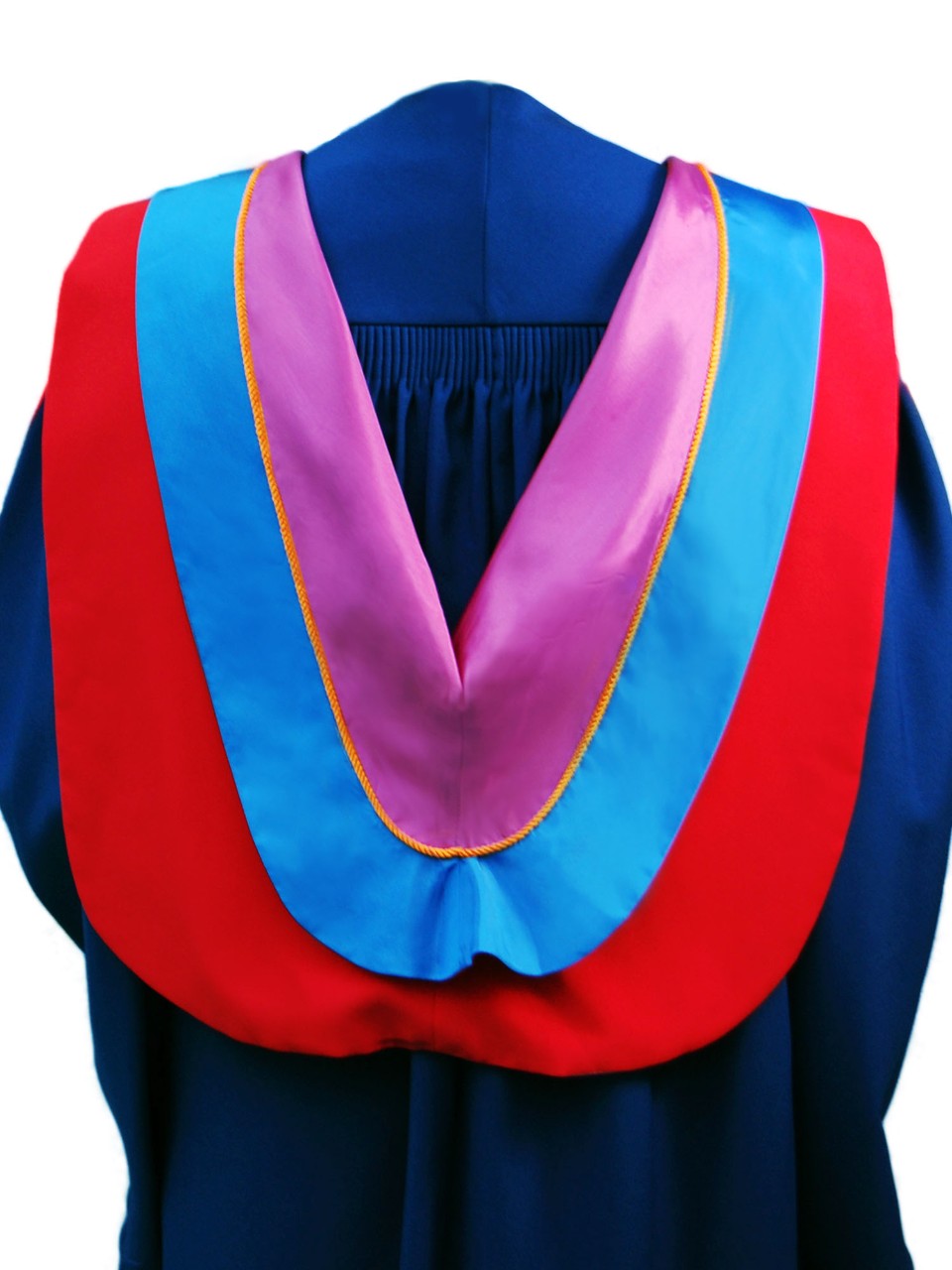 The Master of Arts in Liberal Studies hood is Red with wide blue border, orange cording and plum underside
