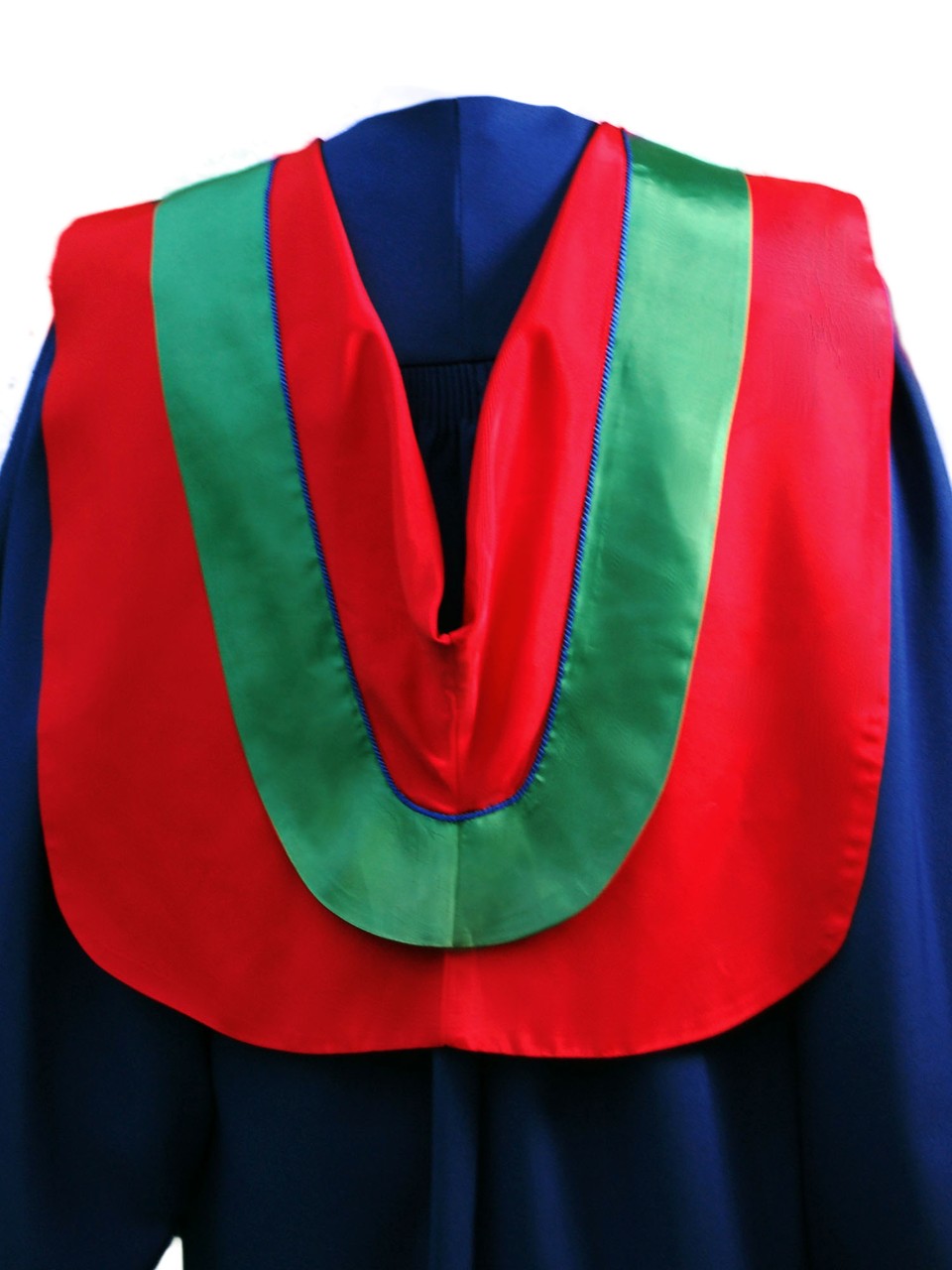 The Master of Arts in the Faculty of Communication, Art and Technology hood is red with wide green border, royal blue cording