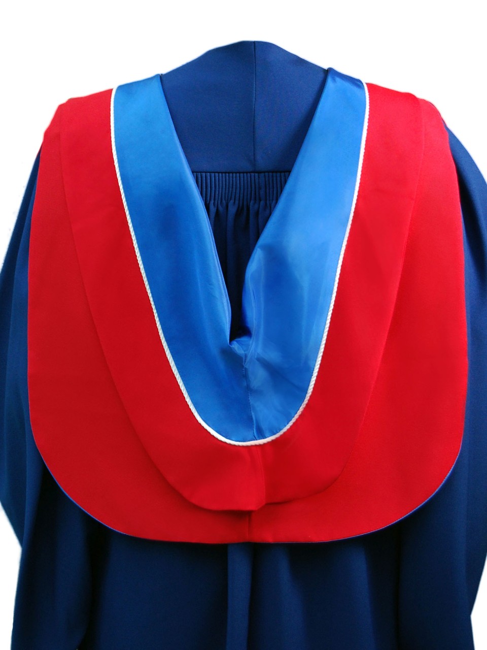 The Master of Public Policy hood is red with blue underside and white cording. 