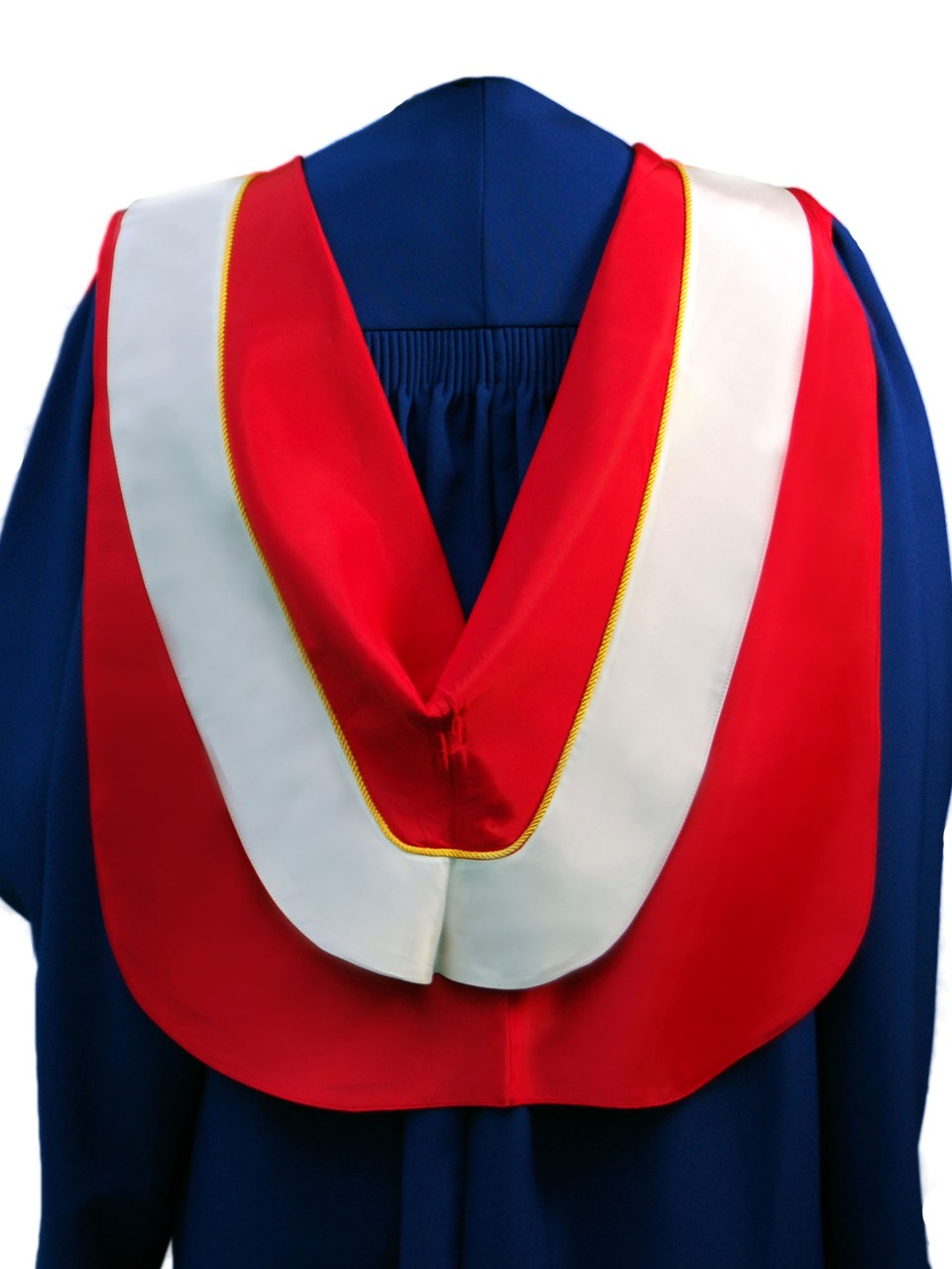 The Master of Science in the Faculty of Education hood is red with wide white border and gold cording