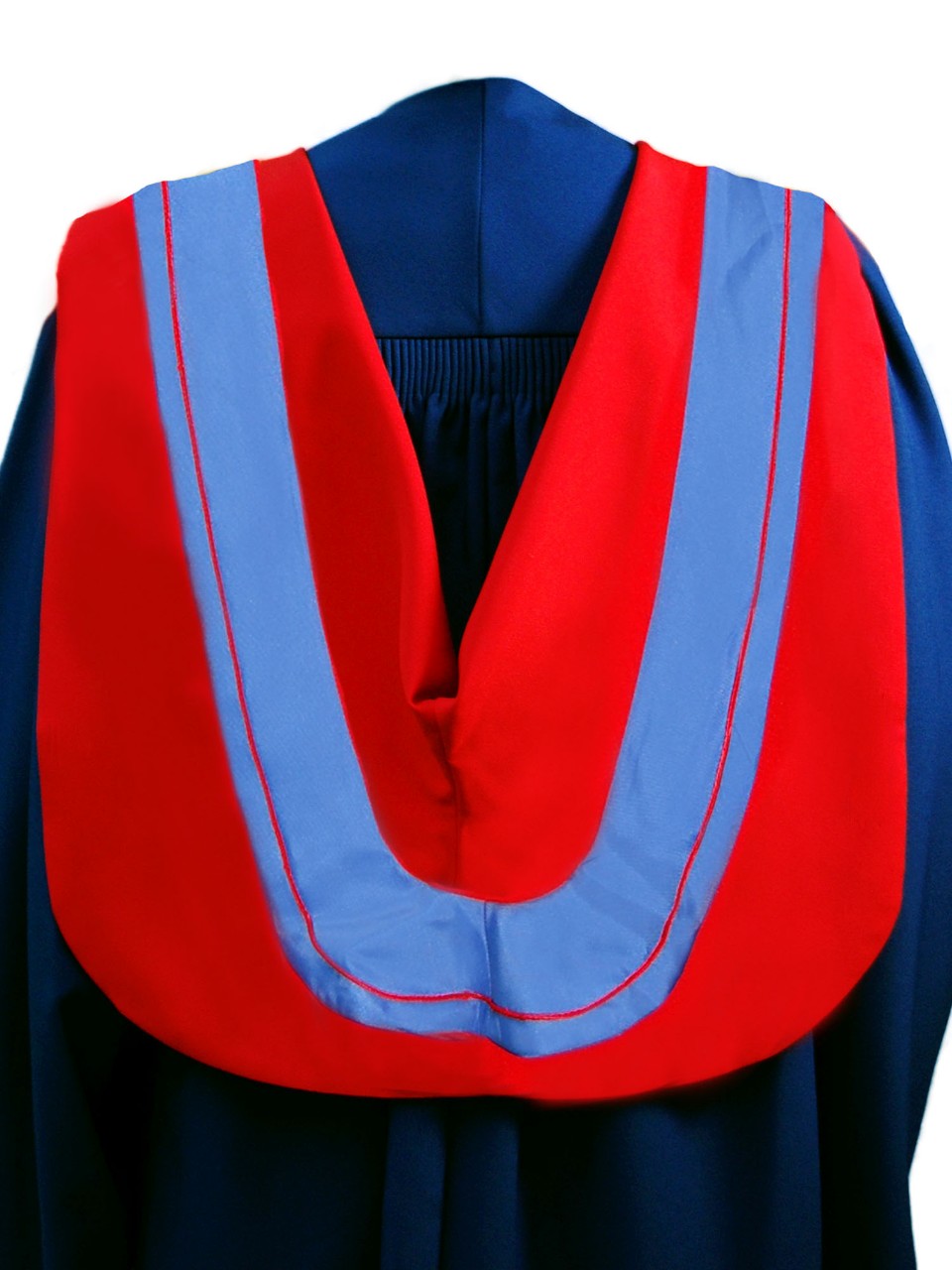 The Master of Arts hood is red with wide blue border and red cording