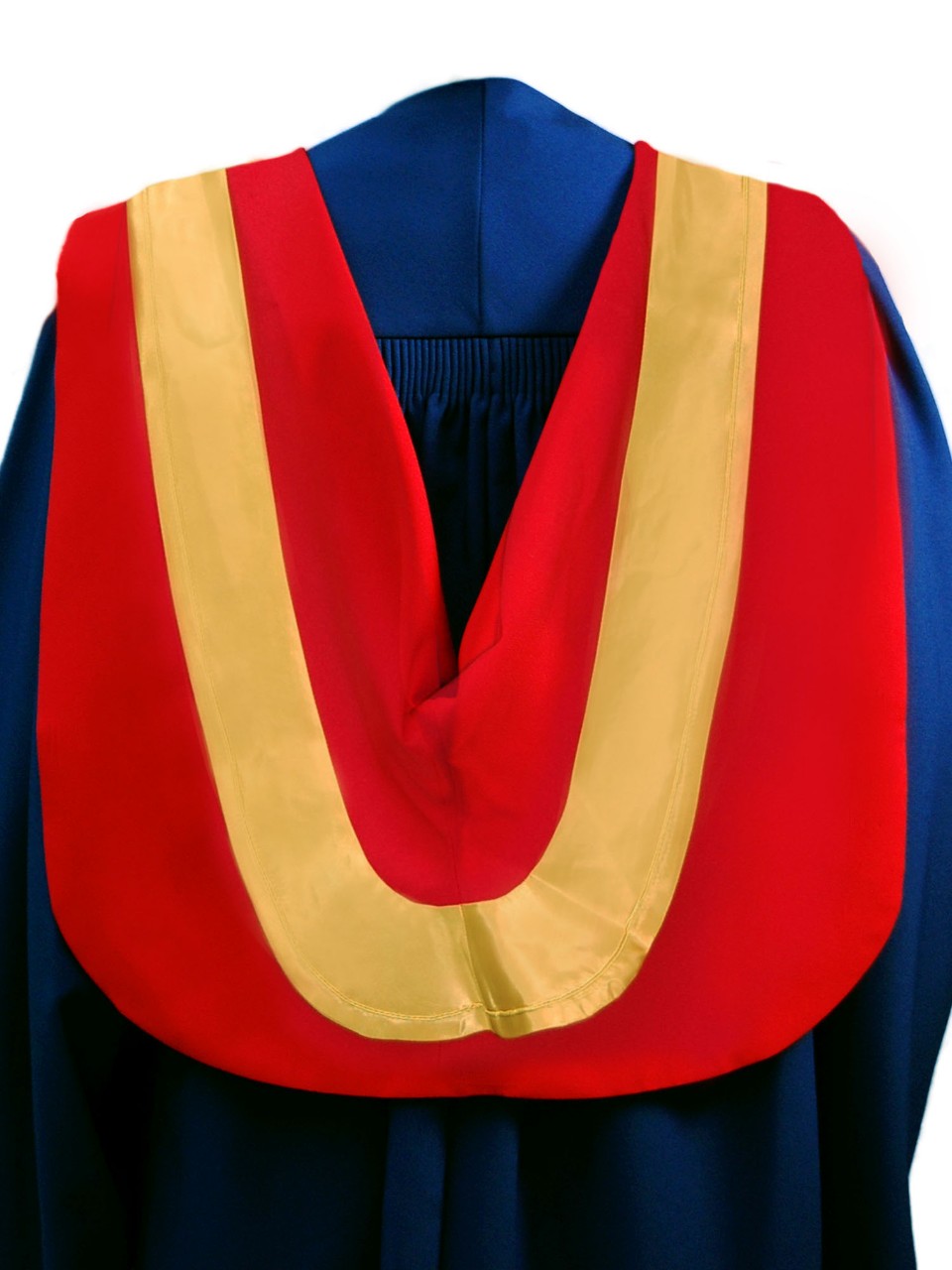 The Master of Science hood is red with wide gold border and gold cording