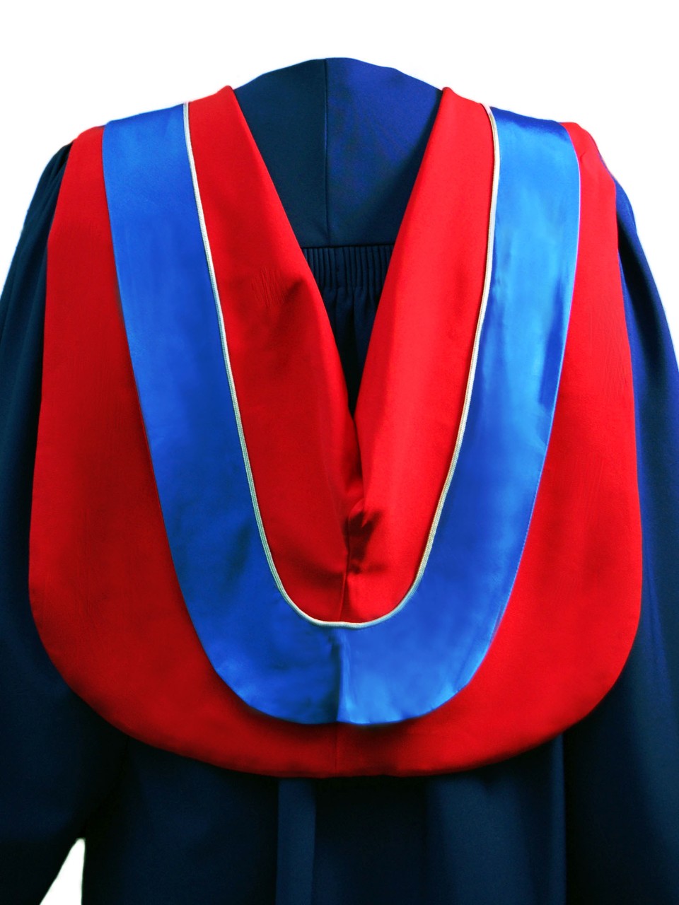 The Master of Business Administration hood is red with wide blue border and grey cording.