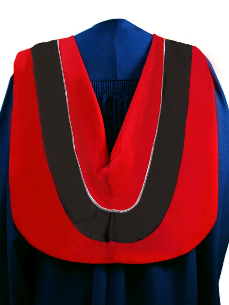 The Master of Digital Media hood is red with wide black border and grey cording