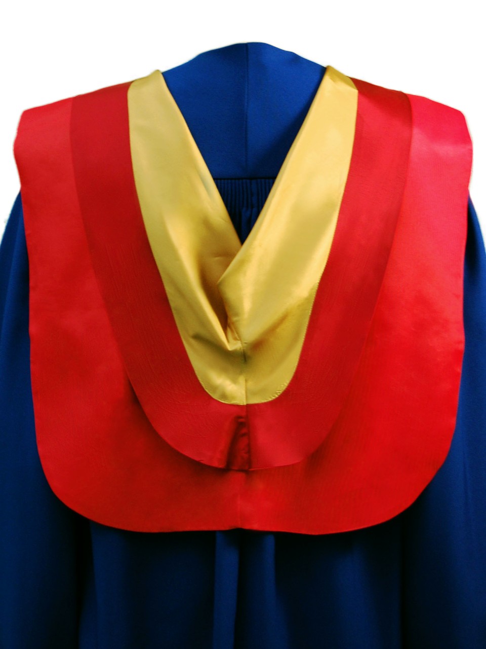 The Masters of Engineering hood is red with wide maroon border and gold underside.