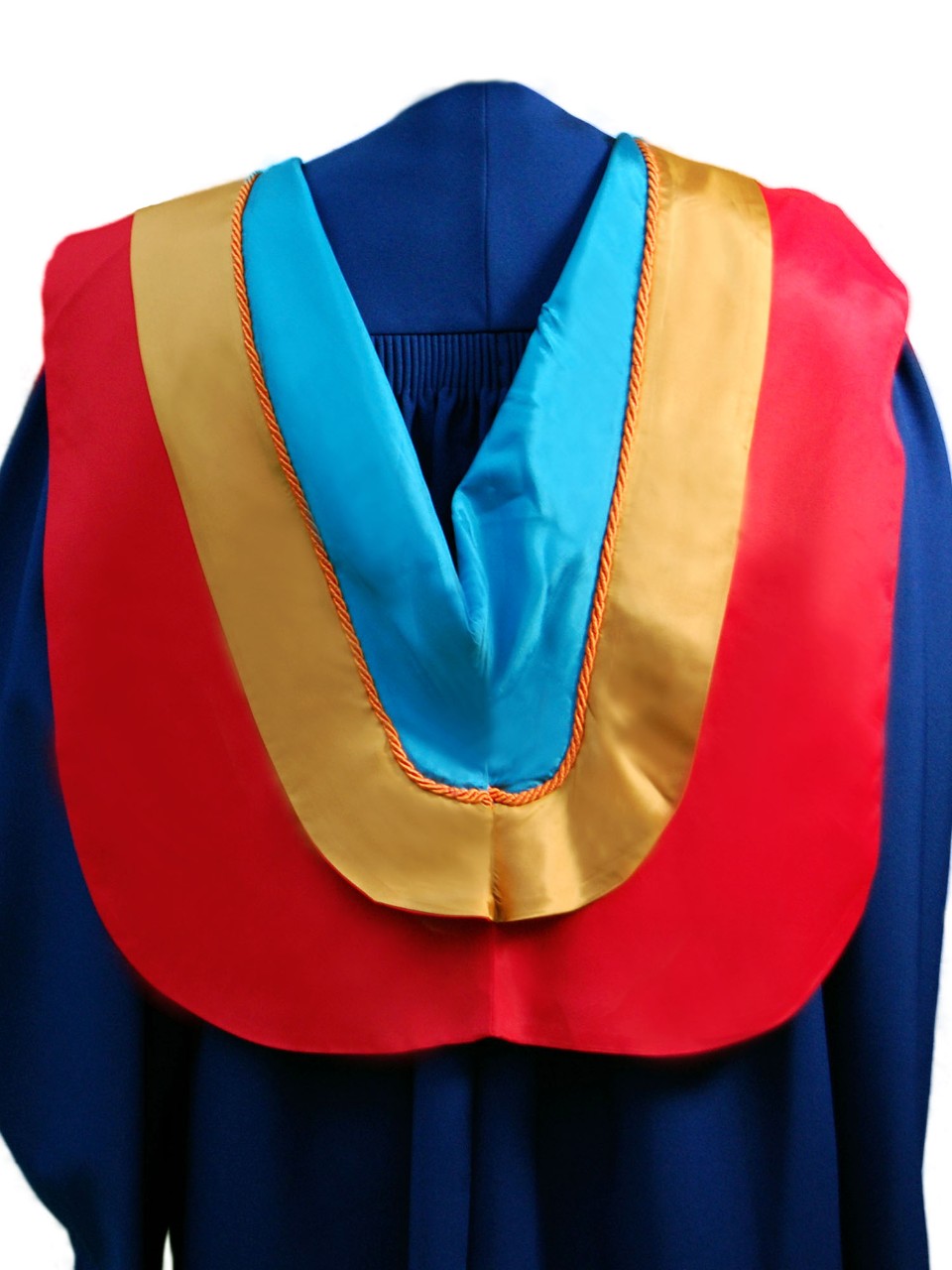 The Master of Environmental Toxicology hood is red with wide gold border, orange cording and aquamarine underside