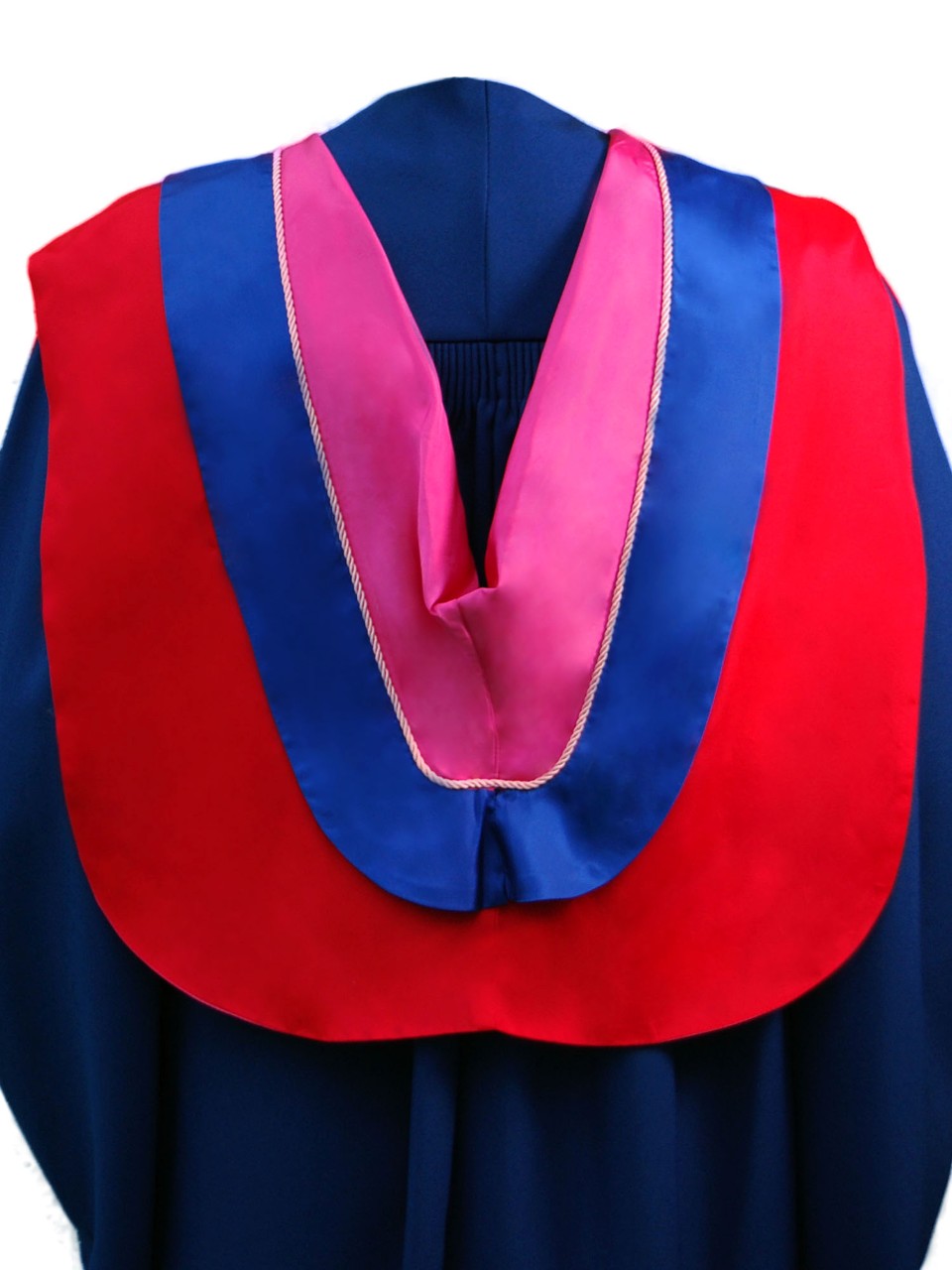 The Master of Fine Arts hood is red with wide blue border, pink cording and cerise underside