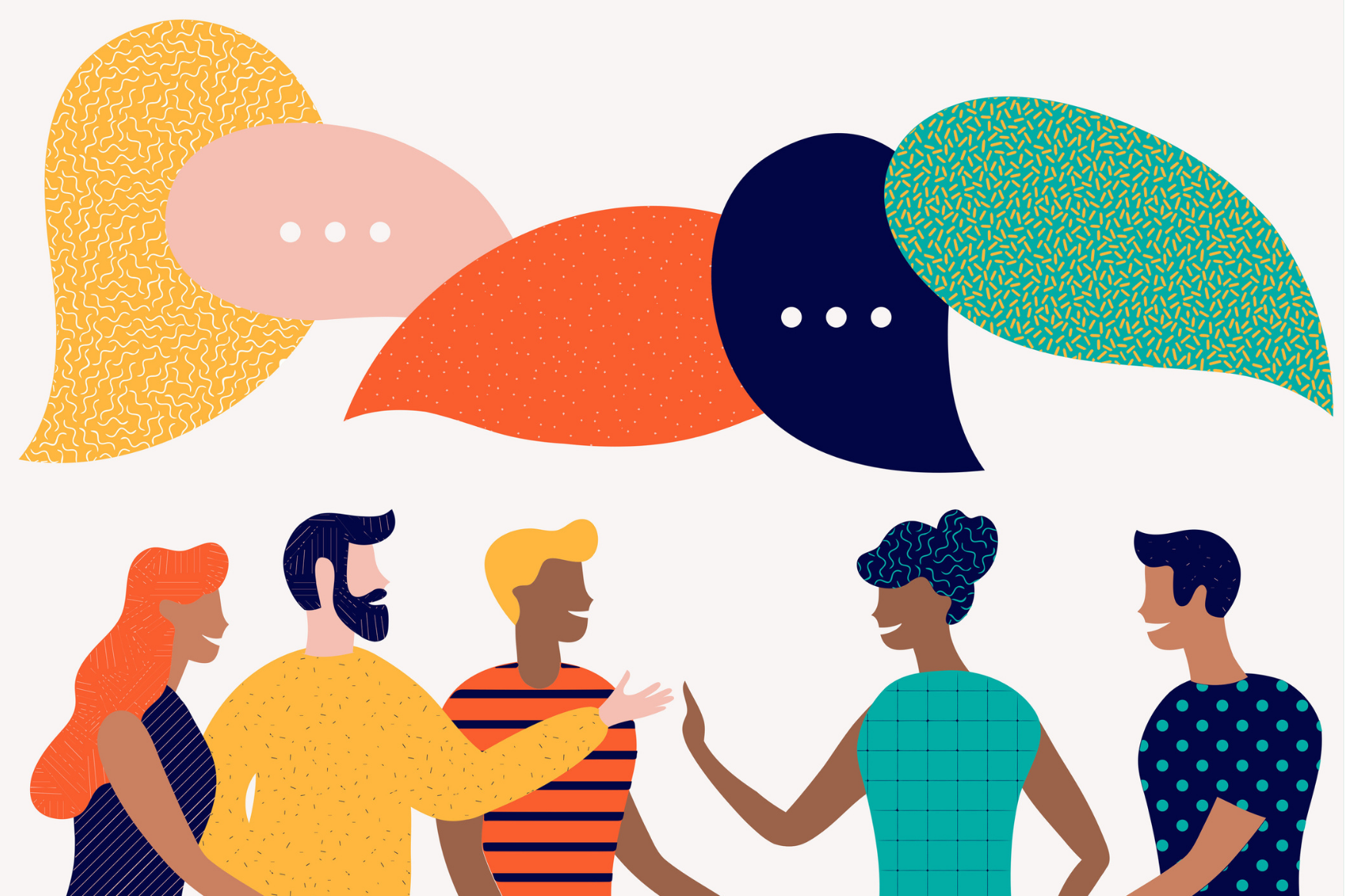 Colourful illustration of people and speech bubbles