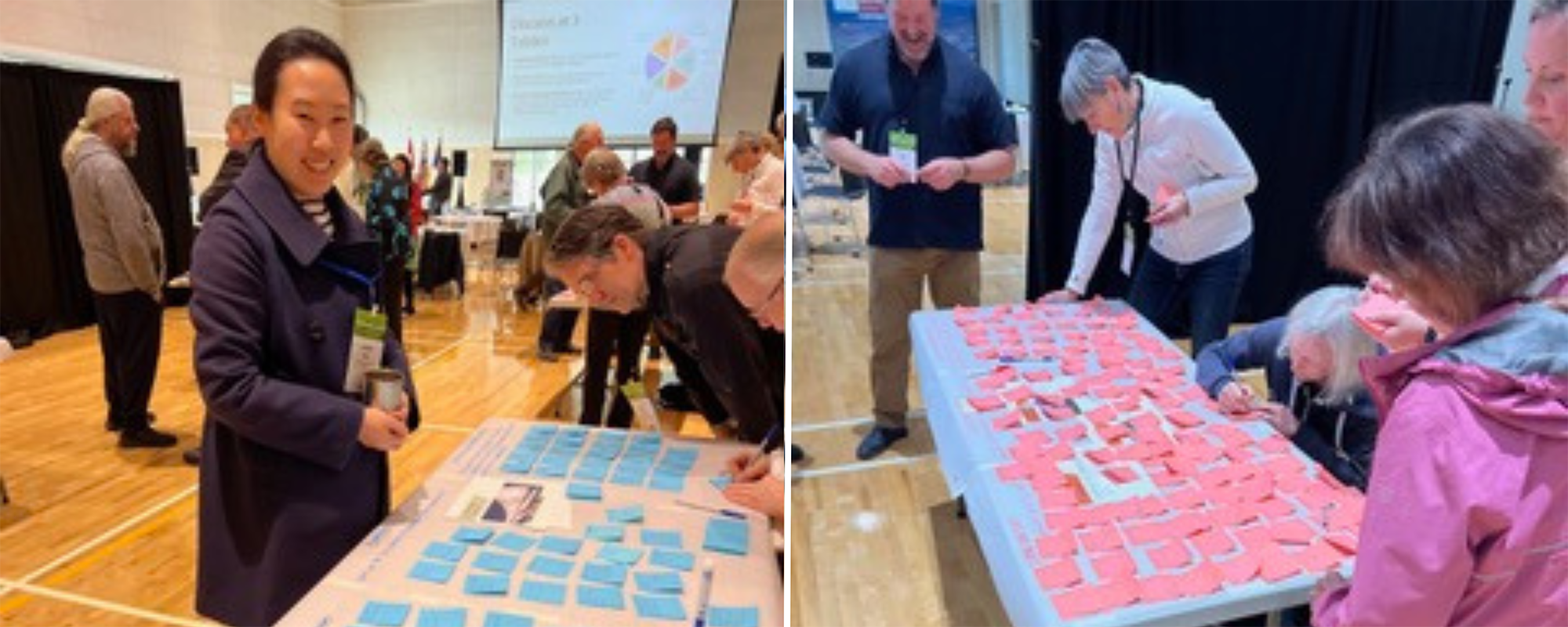 Two image collage. Left side is a woman at a dialogue in front of a table of sticky notes. Right side is a group of people at a dialogue standing around a table of sticky notes.