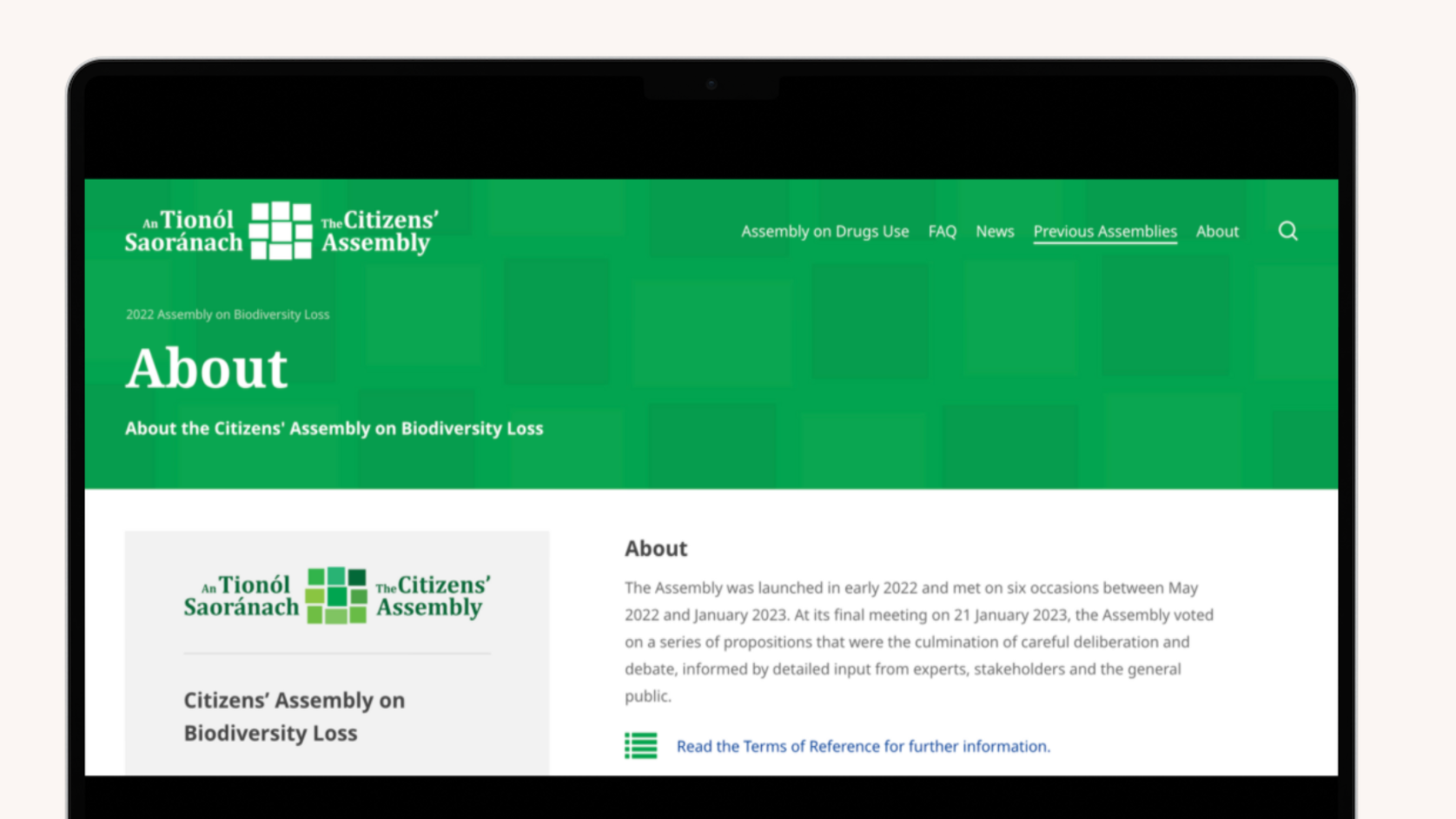 Mockup of the landing page for Ireland's climate assembly