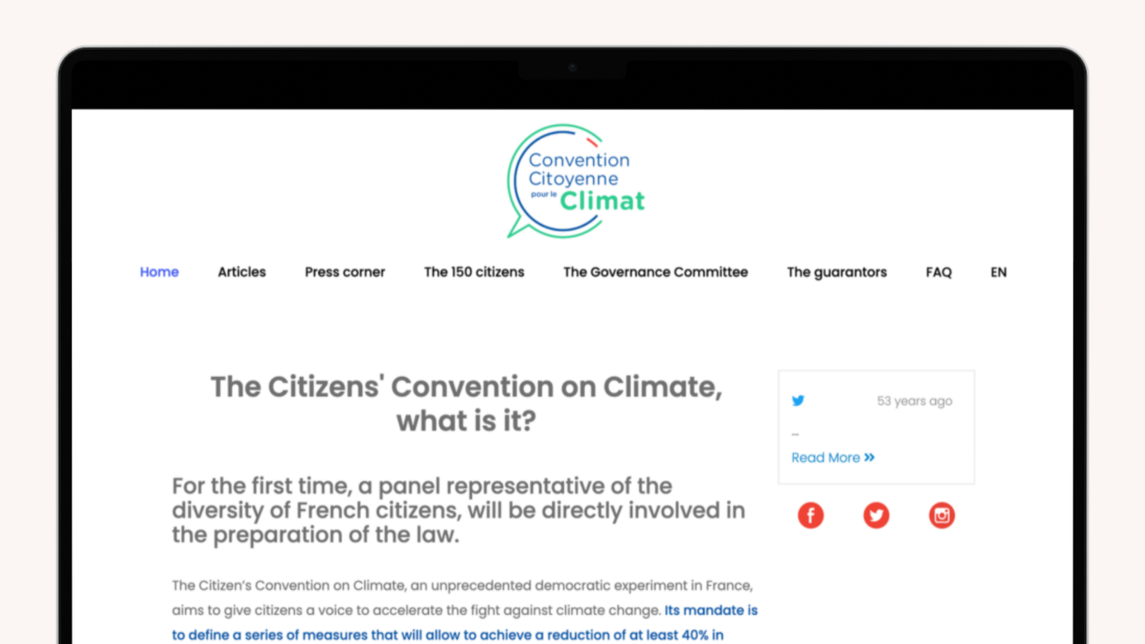 Mockup of the landing page for France's climate assembly