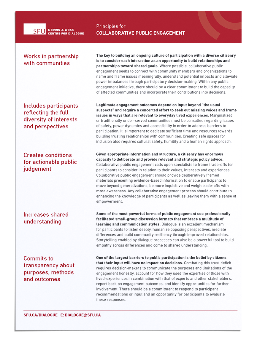 Front page of the handout "Principles for Collaborative Public Engagement"