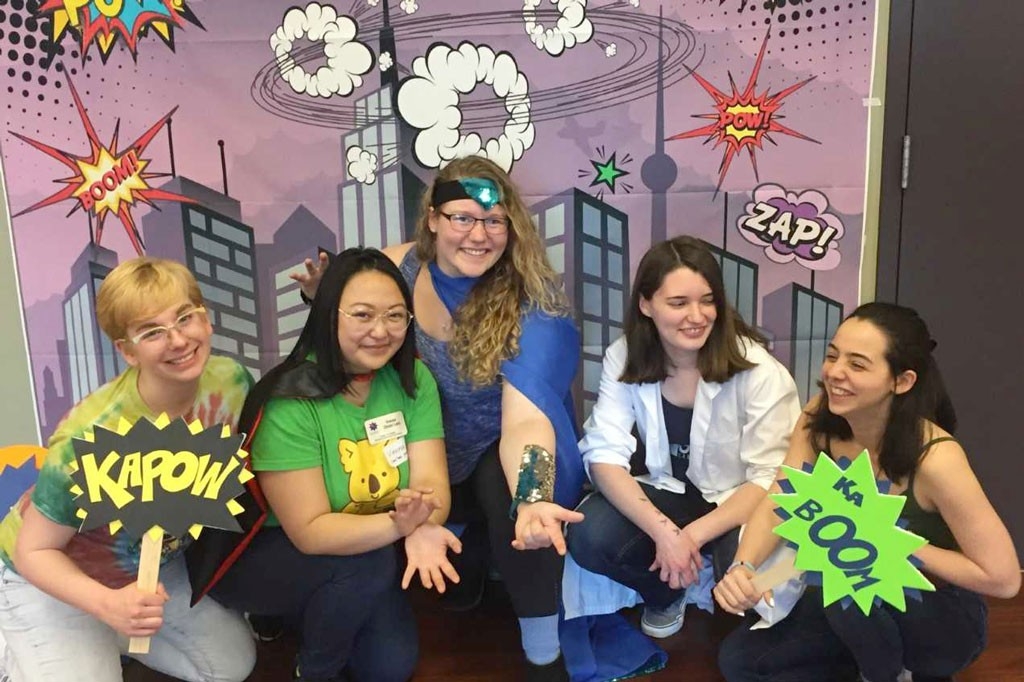Payten Smith and her FEM-in-STEM teammates (Cassidy Smith, Naomi Zakimi, Taylor Schmidt and Vienna Lam) share their love of science with young people at Superhero Science Boot Camps. 