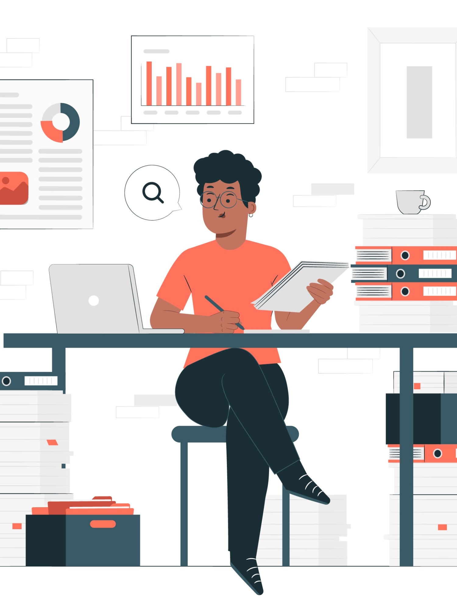 Illustration of a dark skinned person with short hair and glasses sitting a desk in front of a laptop. They are holding a stack of paper and a pen. The room has many books in it and charts on the walls.  