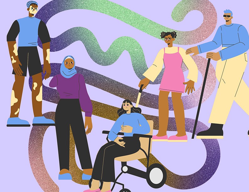 A digital image with a lavender-coloured background. The image depicts 5 people with brown skin of different shades standing or sitting. Three of them have mobility devices, and the two others don’t. The person on the left without a mobility device has multiple lighter spots on their skin, resembling vitiligo, and the other person is a unilateral arm amputee. Behind them are two large abstract swirls, each with a glittery texture that changes colours throughout.