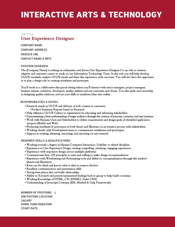 Interactive Arts & Technology Sample Job Description