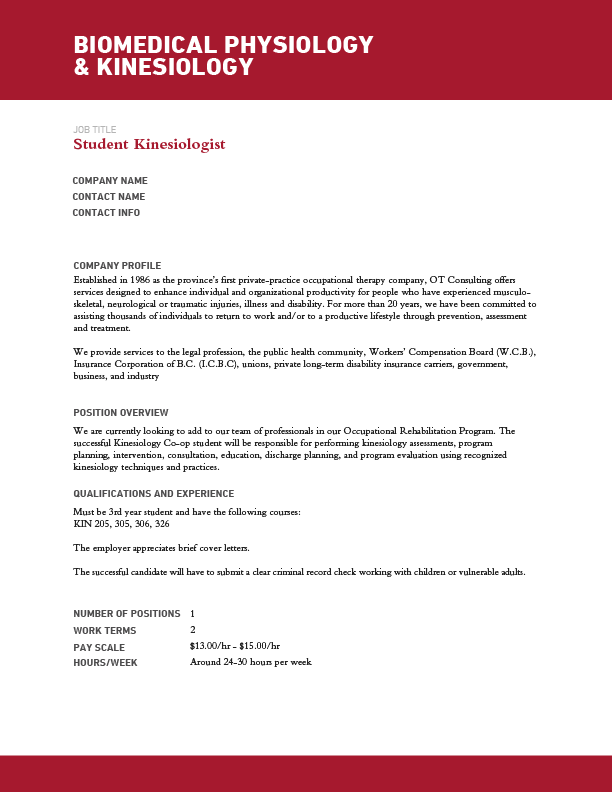 Biomedical Physiology & Kinesiology Sample Job Description