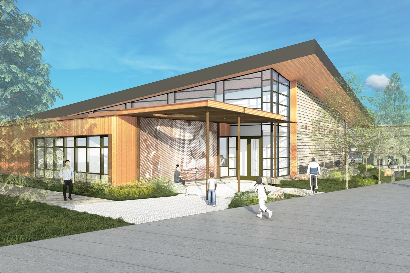 Exterior rendering of the First Peoples' Gathering House (front entrance)