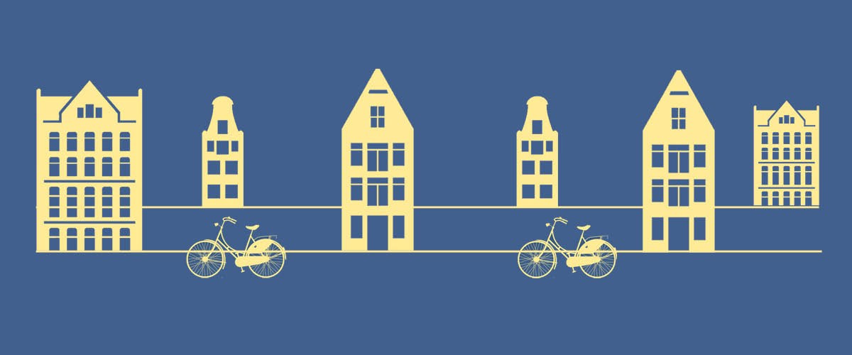 Banner image of yellow bicycles and buildings on a blue background