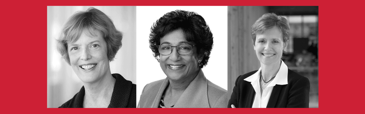 Black and white headshots of Martha Piper, Indira Samarasekera and Joy Johnson, three of the first women to be presidents of Canadian universities, on a red background.