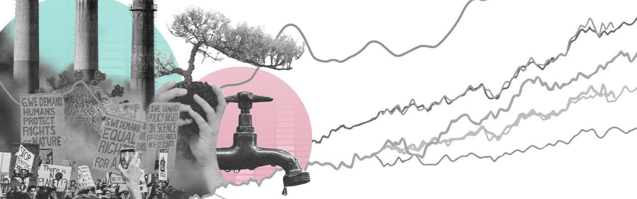 Digital collage of grayscale images on the left that allude to the climate crisis, including a climate protest, three water towers, the coronavirus, two hands holding a tree, and a faucet with droplets of water. Behind the collage are two pastel blue and pink circles and on the right are grey jagged lines. A logo on the top right reads: “2021 Community Summit: Towards Equity.”