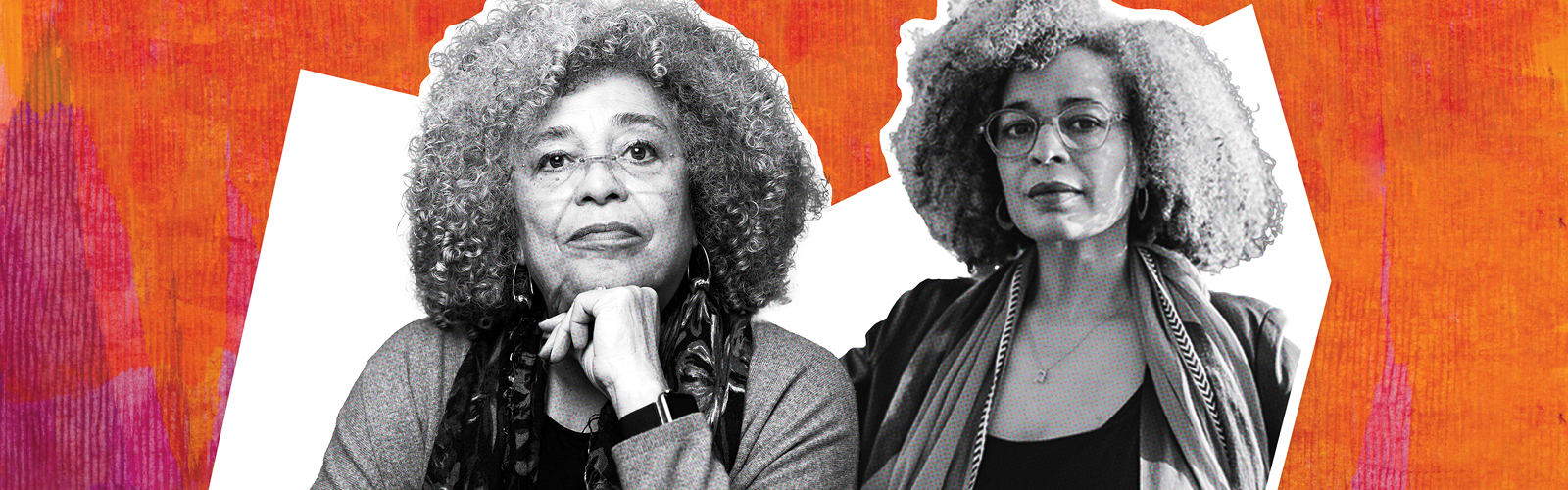 Angela Davis and Gina Dent appear in monochrome photographs atop a colourful hand-painted background texture of oranges, yellows and fuscia.