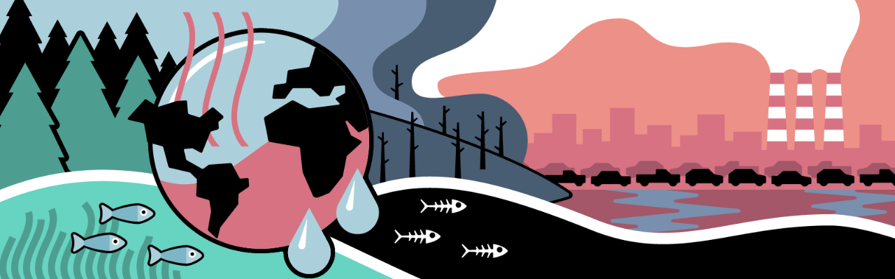 An illustration featuring imagery related to climate and the environment. On either side of a warming planet Earth, the background landscape transitions from green trees and swimming fish to dead trees, dead fish, and a line of cars driving through a smoky red cityscape.