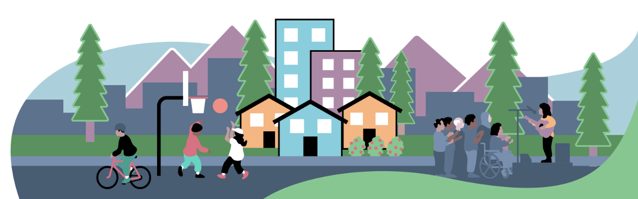 An illustrated city scene representing community, featuring houses, high-rise buildings, trees, mountains, children biking and playing basketball, and a group of people of diverse ages, races and physical mobility needs listening to a person performing music on an outdoor stage.