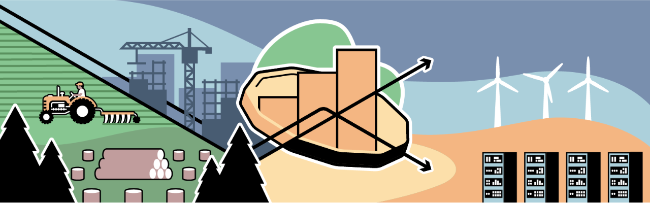 An illustration featuring imagery related to the economy and the production and distribution of resources, including logging, farming, construction, wind energy, and information technology, centred around a Canadian loonie coin with bar and line graphs rising out of it.