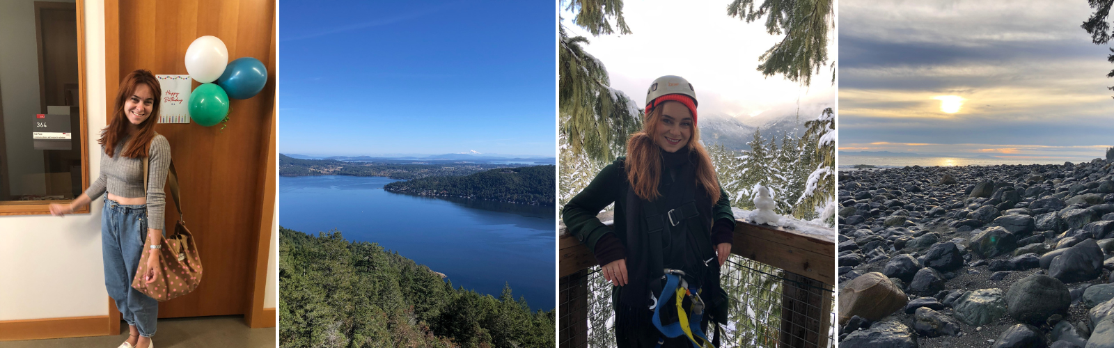 Four images in a grid: Ina on her birthday at the office, the panoramic view of the Burrard inlet, Ina in a healmet smiling after a winter zipline, and a rocky beach with the setting sun in the background