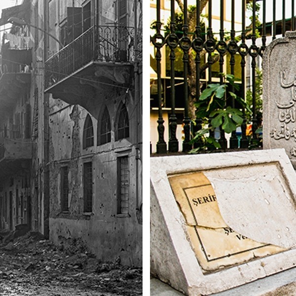 (Right) Walid Raad, Sweet Talk: Beirut (Commissions)_1992 (detail), 1992. Black and white photograph. © Walid Raad. (Left) Jalal Toufic, How to Read an Image Past a Surpassing Disaster no. 5 (detail), 2010. © Jalal Toufic.