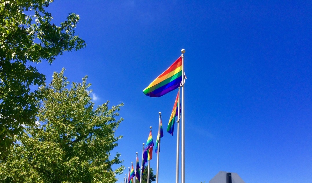 A pride flag flies against a blue sky on Burnaby campus