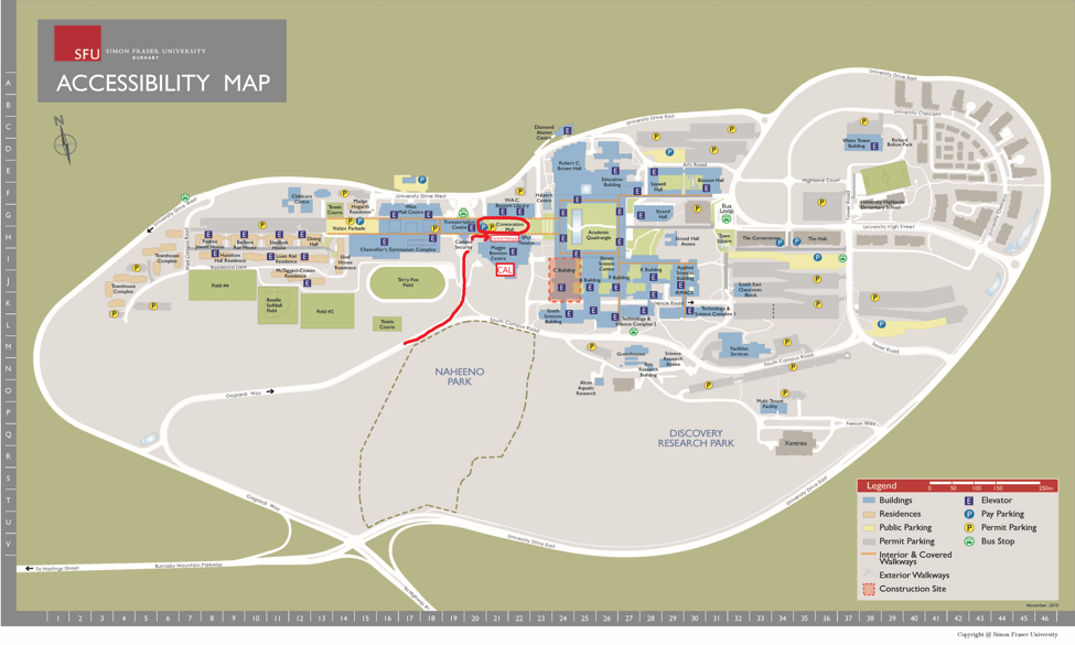 An Accessibility Map created by SFU. Directions to the closest accessible parking from the Centre for Accessible Learning are highlighted in red. There is a red line indicating that cars should follow Gaglardi Way past Campus Security and turn right into the Central Parkade for accessible parking spots