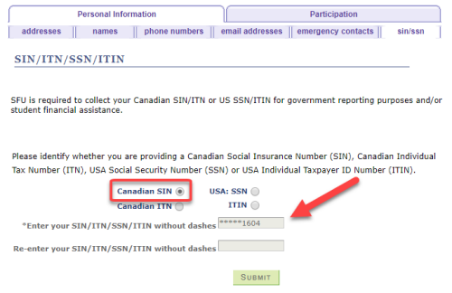 Screenshot of entering SIN information in your Student Record on goSFU