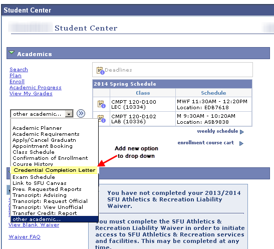 Screen capture showing the Student Center