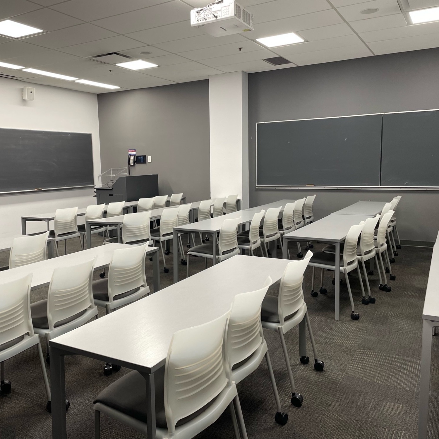 Classroom with rows of tables and chairs