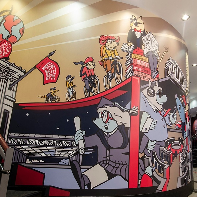 Colourful wall mural that represents the SFU faculties at Vancouver campus and iconic SFU symbols 