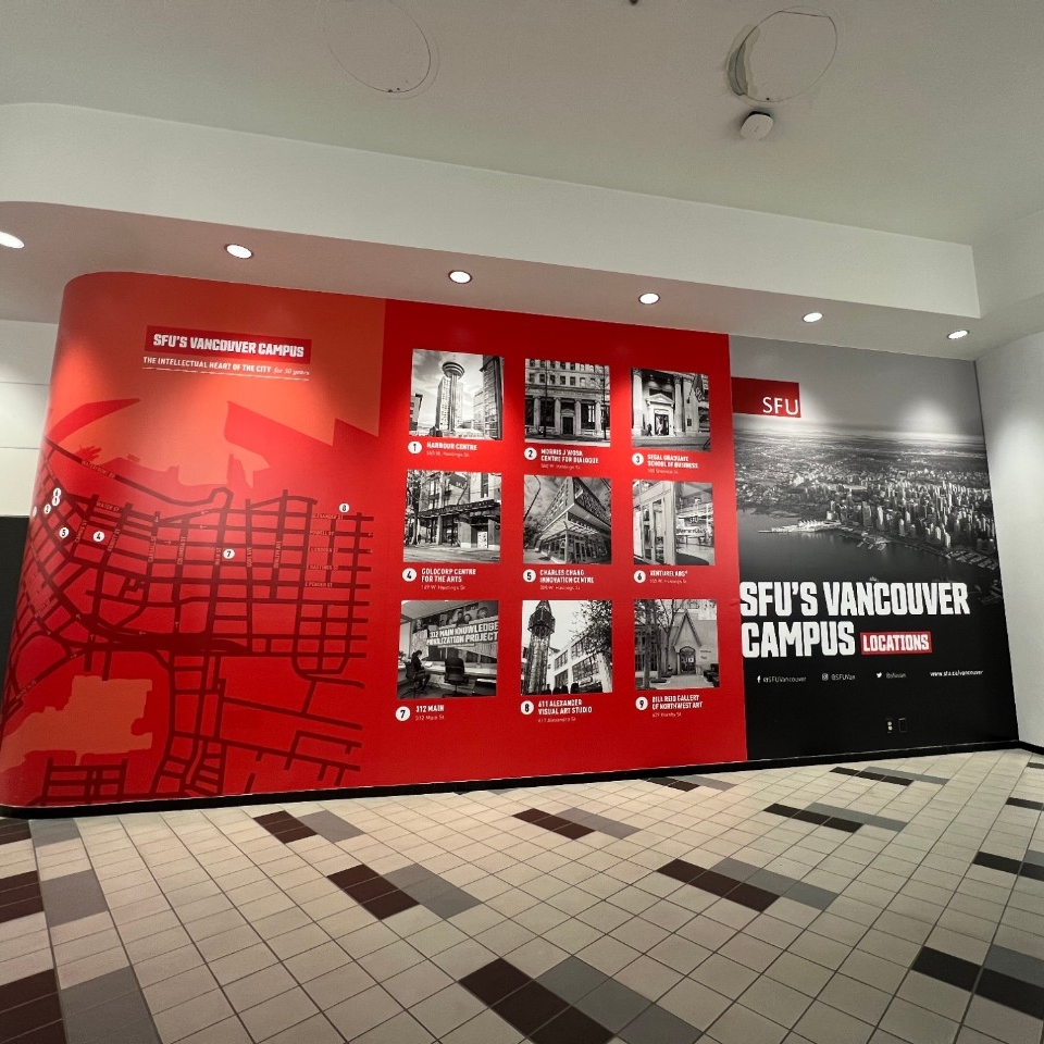 Wall mural showing the nine sites that make up SFU's Vancouver campus 