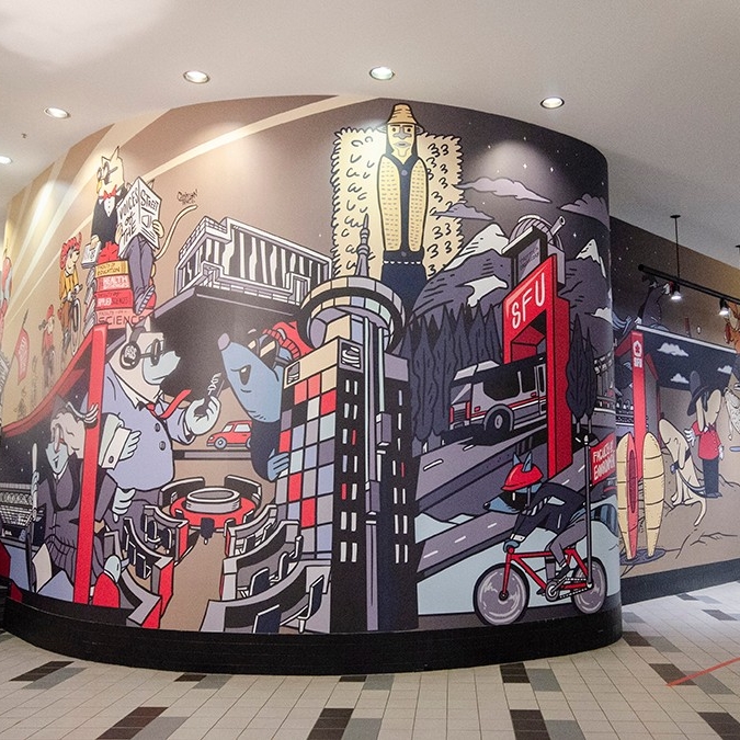 Colourful wall mural that represents the SFU faculties at Vancouver campus and iconic SFU symbols 