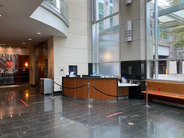 Large open lobby space with Security desk