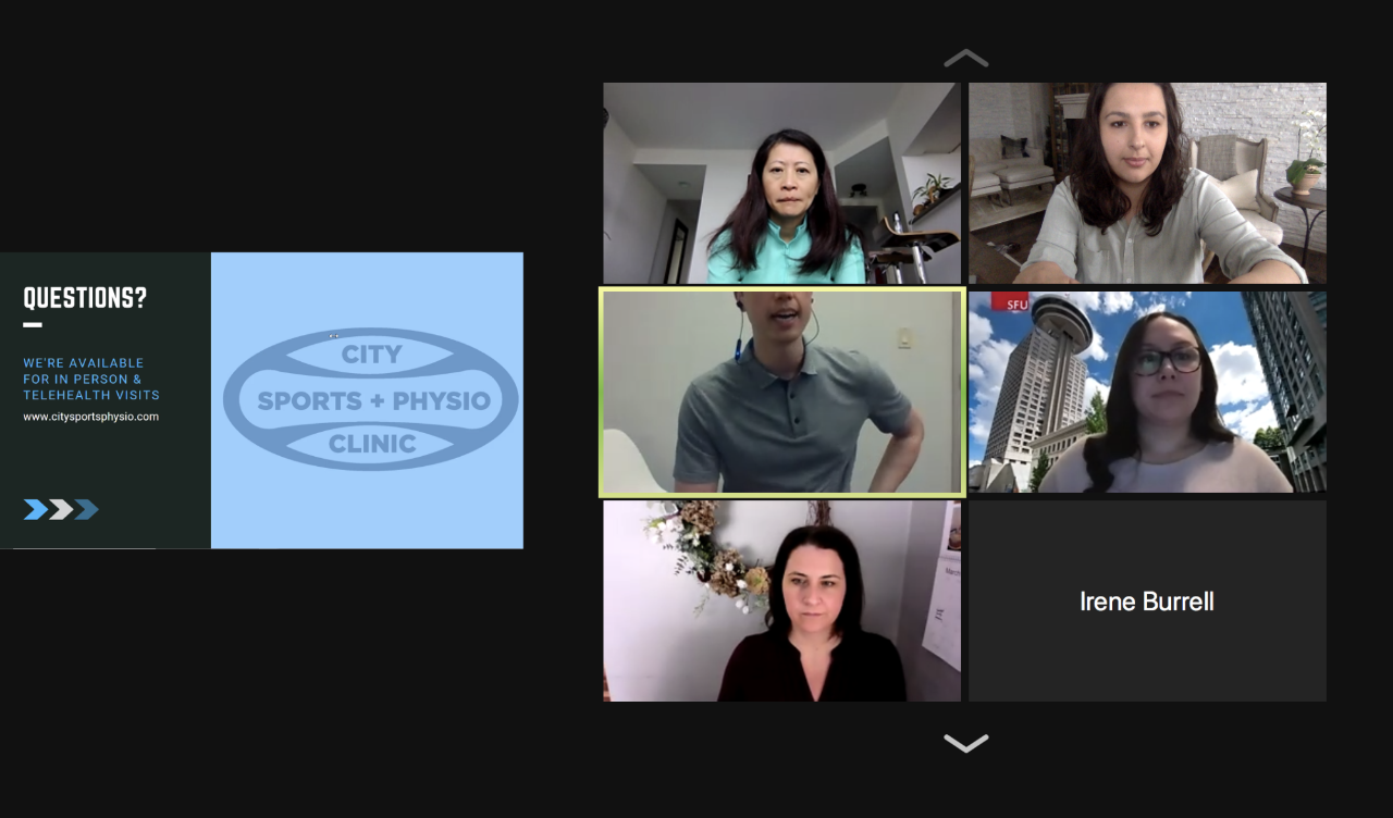 Multiple people on Zoom during physiotherapy workshop, as part of March 2021 Wellness Day