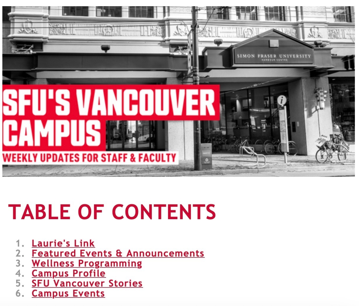 Example screenshot of the Table of Contents from a past SFU Vancouver Staff and Faculty Newsletter 